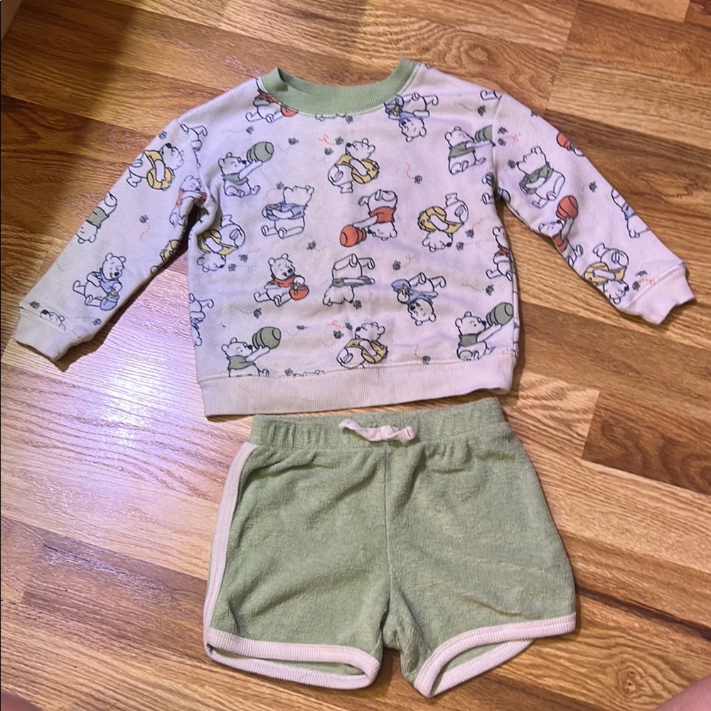 Cute Green and White Toddler Outfit with Winnie the Pooh Printed crewneck